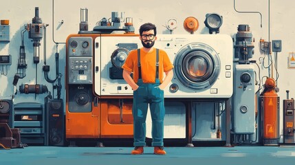 Fototapeta premium HVAC Technician Working on Vintage Air Conditioning Equipment Illustration
