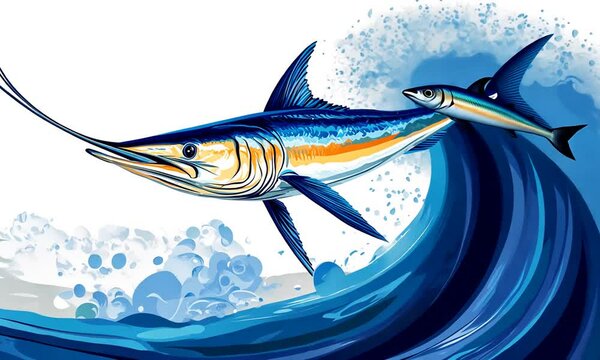 Striped Marlin Leaping from Ocean Wave, Vibrant Blue Artistic Illustration