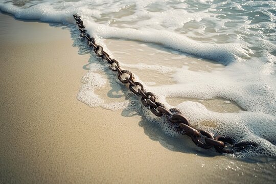 Rusted Chain Lies on Sandy Beach Near Ocean Waves