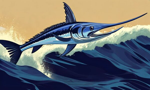 Majestic Blue Marlin Leaping from Ocean Waves in a stylized Art Deco Design