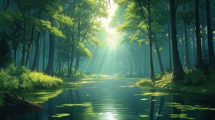 tranquil forest river landscape with vibrant greens and soft sunlight