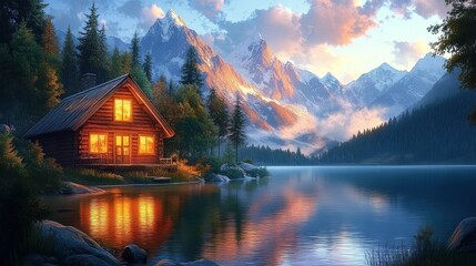 Obraz premium Cozy Cabin by the Lake at Twilight Surrounded by Mountains in Impressionism Style