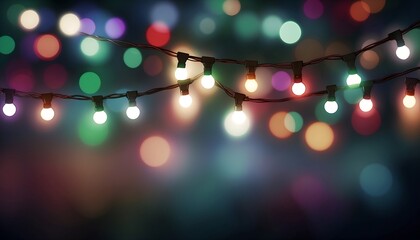 A vibrant dazzling string of Christmas tree lights glows softly against a blurred bokeh background, showcasing violet, red, green, and white hues, night with festive cheer, copy space