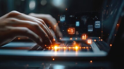 Businessman Using Laptop for Facility Management in Modern Office Environment