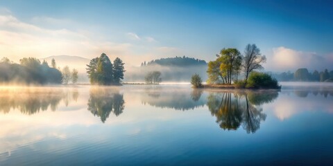 Fototapeta premium Serene misty lake with trees in background, serene, misty, lake, trees, nature, tranquil, calm, peaceful, reflection, water, fog