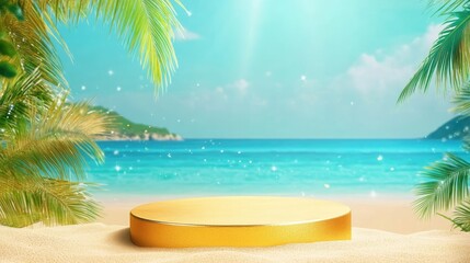 Obraz premium Scenic Tropical Beach with Golden Platform and Lush Greenery
