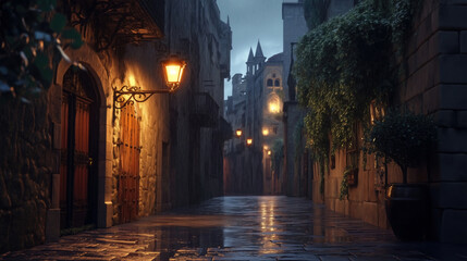 Fototapeta premium Enchanting Medieval Street Lit by Lanterns at Night in the Rain