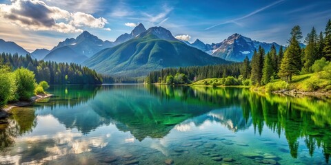 Scenic lake with majestic mountains and lush trees in the background, nature, landscape, serene, peaceful, tranquil