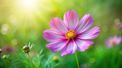 Obraz premium Cosmea flower blooming on a vibrant green blurred background, cosmea, flower, blooming, green, blurred, background, nature