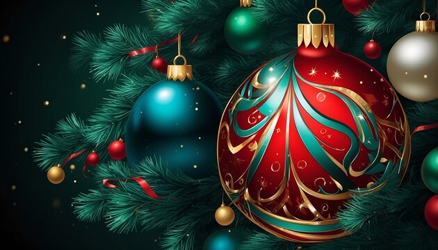 A festive scene featuring vibrant Christmas ball ornaments, red tinsel, glossy and shiny decorations, close up fir branches, glowing lights against a dark green pastel background, magical pirit