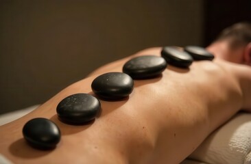 Young caucasian adult relaxing with hot stone therapy on back in spa