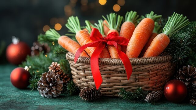 Festive bunch of fresh carrots in a wicker basket tied with a red ribbon, surrounded by pine branches, pine cones and Christmas baubles.