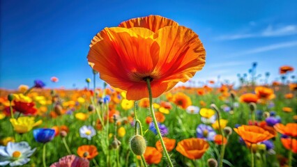 Fototapeta premium Close-up of vibrant orange poppy in a field of wildflowers against a clear blue sky, Poppy, Orange, Wildflower, Field, Close-up