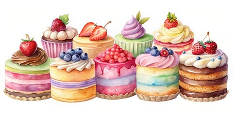 Watercolor of sweet and colorful cakes , watercolor, sweet, colorful, cakes, dessert, celebration, bakery, pastel, artistic