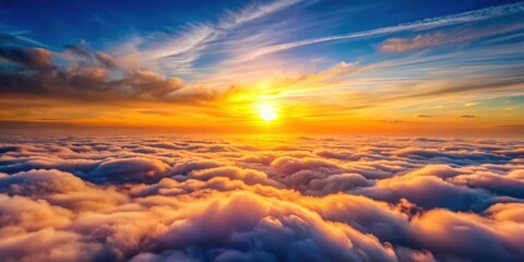 Obraz premium Above the clouds, a stunning sunset casts golden sun rays in an , clouds, sky, sunset, sun rays, flying, above