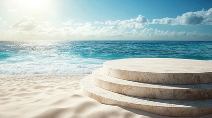 Obraz premium Serene Beach Scene with Steps Leading to Tranquil Ocean Water