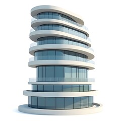Modern 3D illustration of a curved building or apartment with round floors and large windows. Modern and original architectural design, highlighting sophistication. white background.