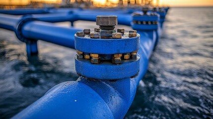 Obraz premium Image of blue pipes leading to an oil refinery, highlighting the industrial infrastructure used to transport fluids and gases, essential for oil refining processes.