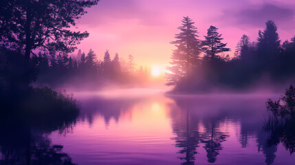 Fototapeta premium Serene sunrise over a misty lake reflecting vibrant purple and pink hues in a tranquil forest setting at dawn. Dawn. Illustration