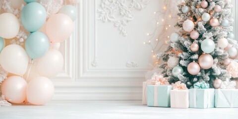 Elegant Christmas Decor Balloons Tree Gifts Pastel Colors