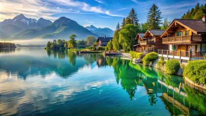 Serenity of a tranquil lakeside resort with picturesque views of the water and mountains, lakeside, resort, tranquil