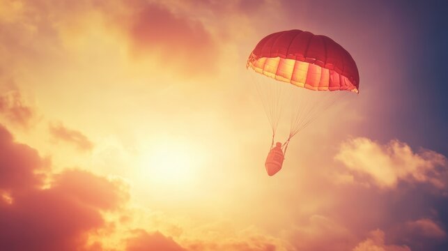 Space Capsule on parachute descending from sunrise sky