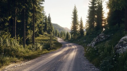 Serene Forest Road with Sunlight and Lush Greenery at Sunset