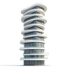 Modern 3D illustration of a curved building or apartment with round floors and large windows. Modern and original architectural design, highlighting sophistication. white background.