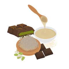 Vector Illustration Logo Clipart Dubai chocolate ingredients kunafa chocolate and pistachio