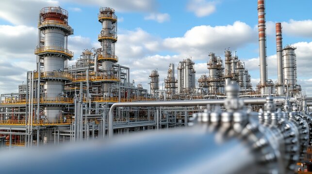 Detailed image of a pipeline with a valve in a chemical plant, highlighting the importance of valve systems for regulating the transportation of raw materials and chemicals.