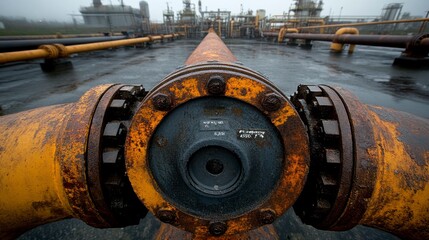 Close-up of a valve on a chemical plant pipeline, showcasing the precision and control needed to manage the flow of hazardous or sensitive chemicals during production.