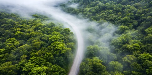 A winding road through lush green forest shrouded in mist.