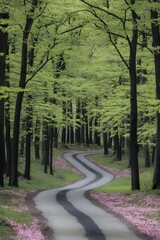 Obraz premium A winding road through a lush green forest, adorned with pink petals along the edges.