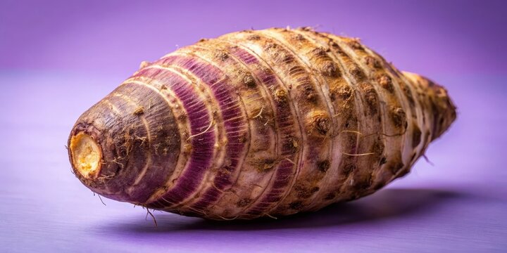 Closeup of taro root vegetable, eddo malanga, on purple background, taro root, eddo malanga, vegetable, closeup