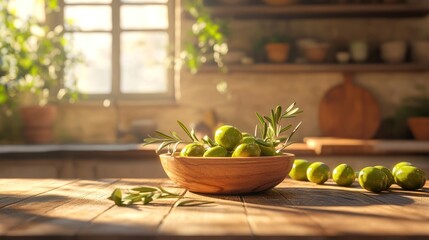 Sunlit kitchen counter with bowl of green olives and rosemary.