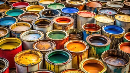 Old paint cans with various colored paint leftovers, representing household hazardous waste, paint, cans