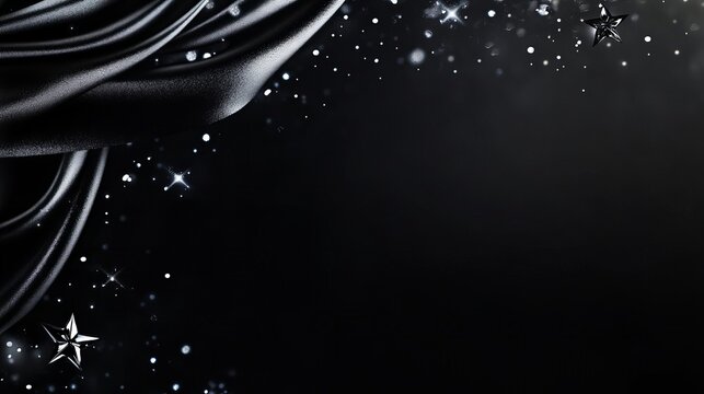 Elegant black silk drapes with glittering stars create a luxurious and mysterious backdrop. Perfect for a sophisticated design or invitation.