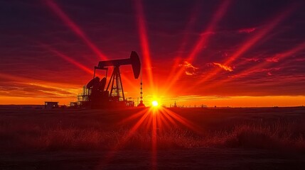 Oil rig and pumps silhouetted against a vibrant sunset over the ocean, emphasizing the dual forces of nature and industry in this coastal energy scene.