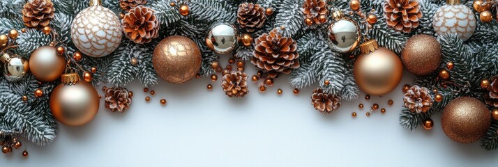 Festive Christmas Decor Copper Ornaments Pine Cones Snowy Branches