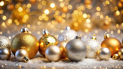 Christmas background with gold and silver Christmas balls and blurred background with bokeh, Christmas, background, gold