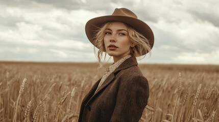 Obraz premium Stylish caucasian Blonde Woman in Brown Vintage Coat and hat on Wheat Field