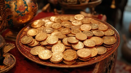 Golden Coins Resting On Ornate Decorative Tray