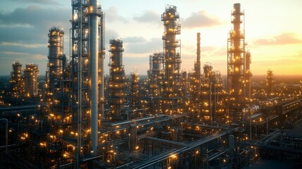 A twilight view of a petrochemical plant, where the lights from the facility illuminate the pipes, towers, and tanks, creating an industrial landscape against the fading light.