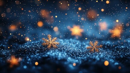 deep blue winter christmas background with golden bokeh snowflakes and sparkling light effects