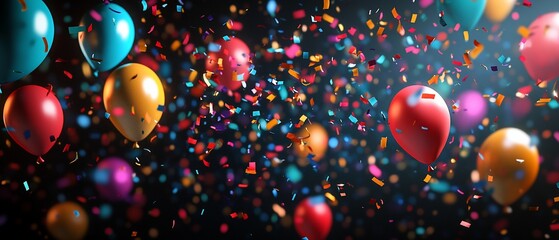 Colorful balloons and confetti on a dark background. (1)