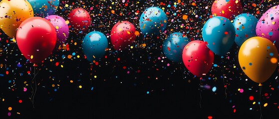 Colorful balloons and confetti on black background. (1)