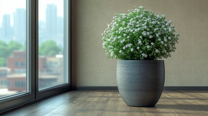 Fototapeta premium Simple yet elegant empty podium with gypsophila flowers, set against a beige background, creating a timeless and serene atmosphere for a showcase or ceremonial event.