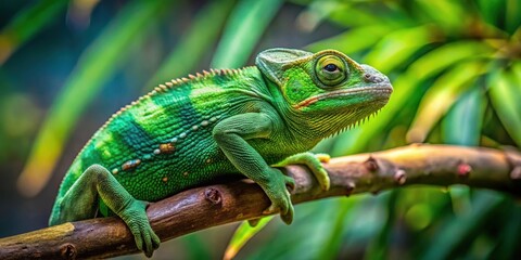 Green chameleon perching on tree branch, exotic animal in reptile tank, small pet staring at camera, Chameleon