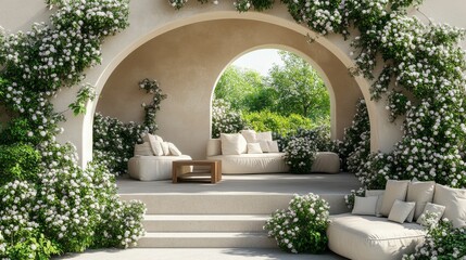 Naklejka premium Minimalist stage setting featuring an empty podium adorned with gypsophila flowers, with a soft beige background, perfect for showcasing elegance and simplicity in any presentation.