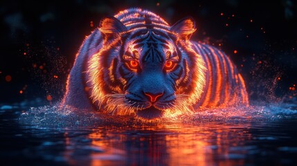 Fiery tiger emerging from water at night.